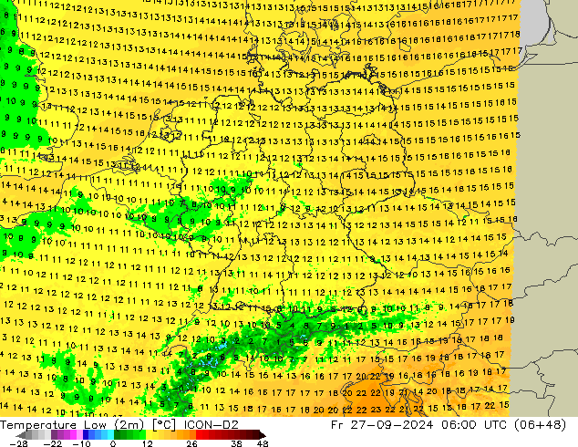 Min.temperatuur (2m) ICON-D2 vr 27.09.2024 06 UTC