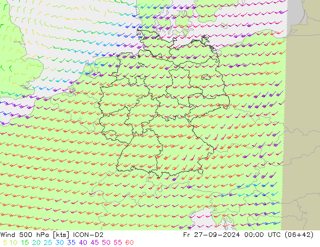 Rüzgar 500 hPa ICON-D2 Cu 27.09.2024 00 UTC