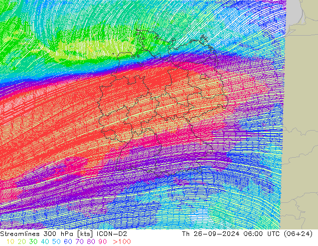 Ligne de courant 300 hPa ICON-D2 jeu 26.09.2024 06 UTC