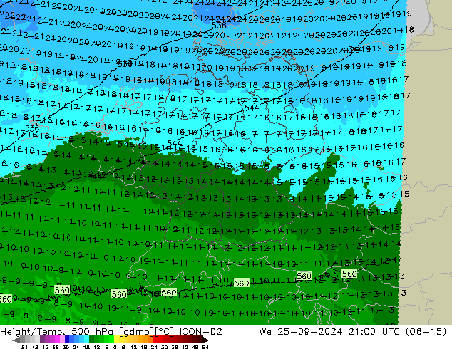 Height/Temp. 500 hPa ICON-D2 Qua 25.09.2024 21 UTC