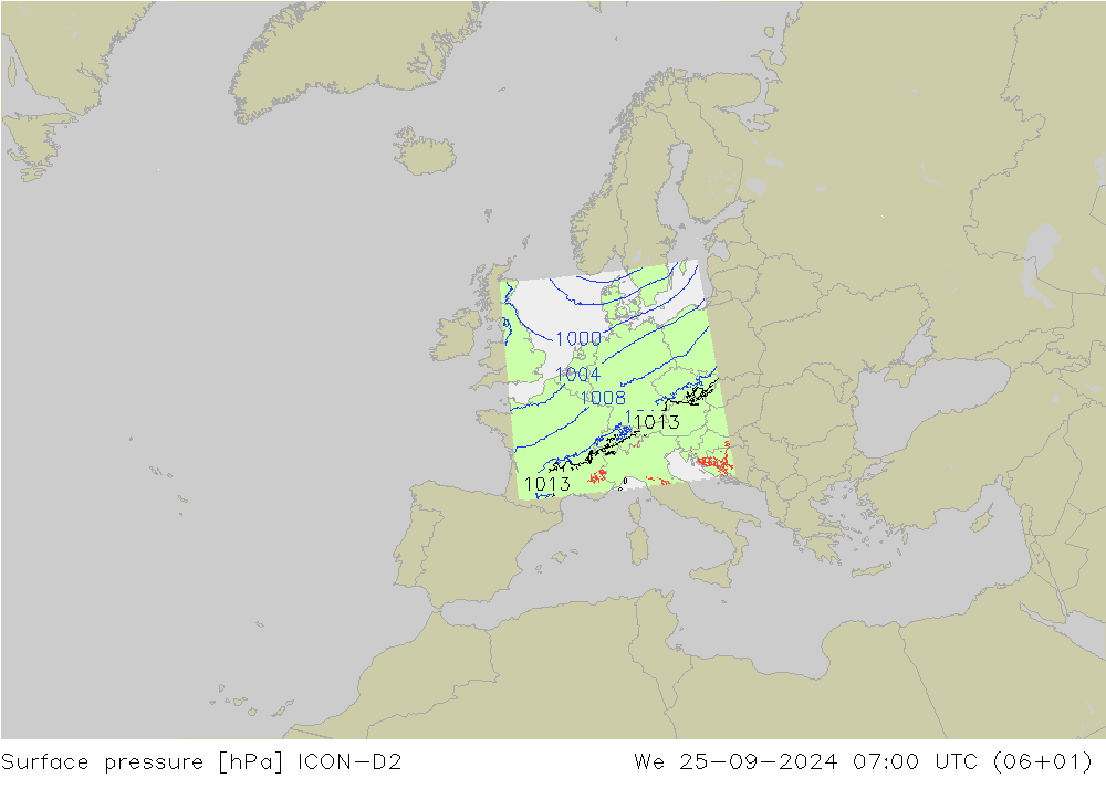 Presión superficial ICON-D2 mié 25.09.2024 07 UTC