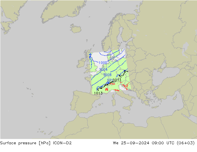 Surface pressure ICON-D2 We 25.09.2024 09 UTC