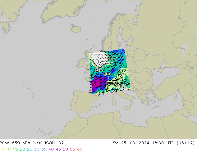 wiatr 850 hPa ICON-D2 śro. 25.09.2024 18 UTC