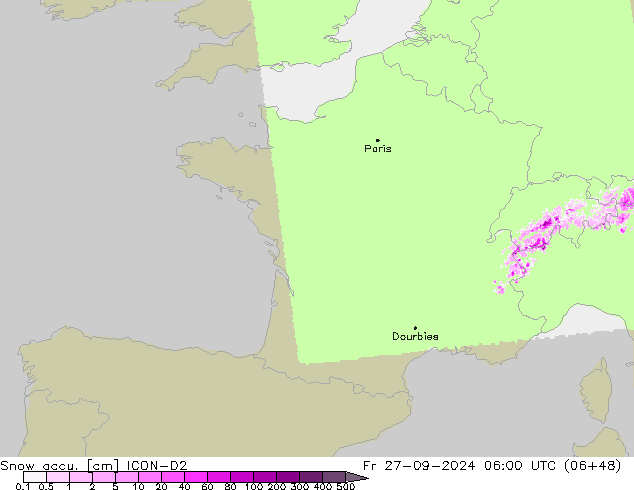 Snow accu. ICON-D2 ven 27.09.2024 06 UTC