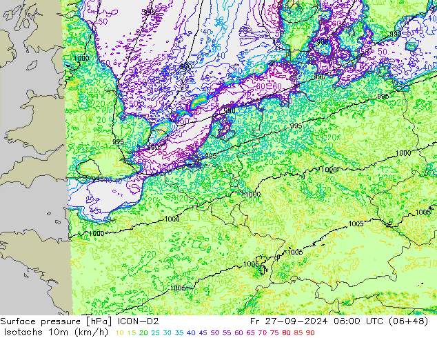 Isotachs (kph) ICON-D2 Fr 27.09.2024 06 UTC