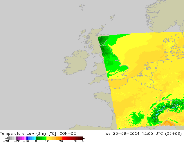 température 2m min ICON-D2 mer 25.09.2024 12 UTC