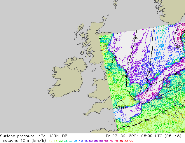Isotachs (kph) ICON-D2 пт 27.09.2024 06 UTC