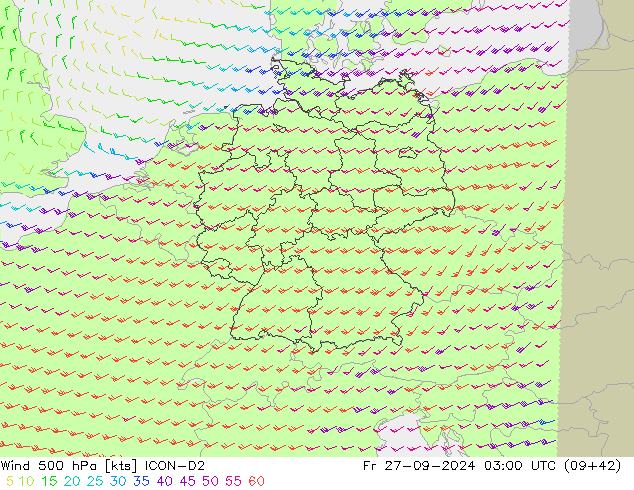 Rüzgar 500 hPa ICON-D2 Cu 27.09.2024 03 UTC