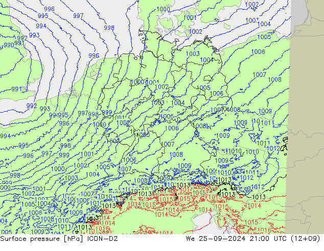 Surface pressure ICON-D2 We 25.09.2024 21 UTC