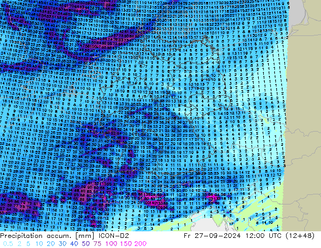 Precipitation accum. ICON-D2 ven 27.09.2024 12 UTC