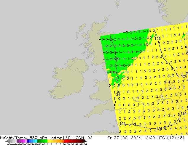 Height/Temp. 850 hPa ICON-D2 ven 27.09.2024 12 UTC