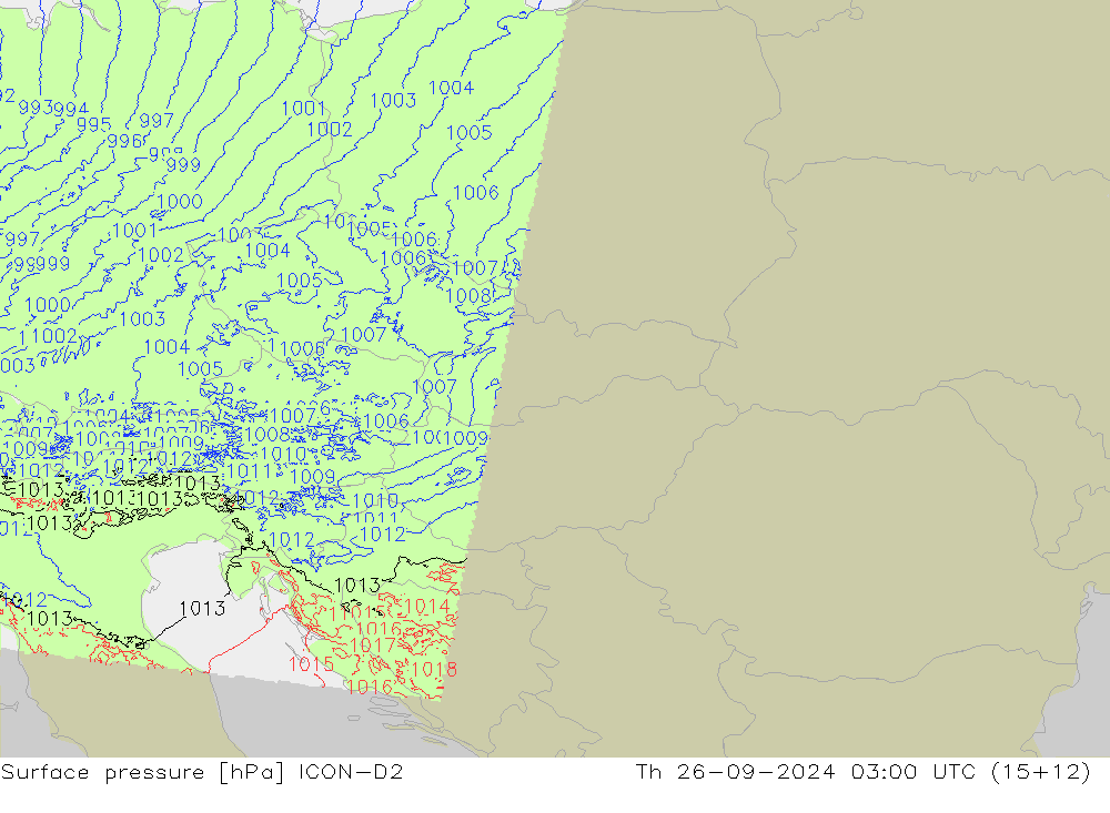 Surface pressure ICON-D2 Th 26.09.2024 03 UTC