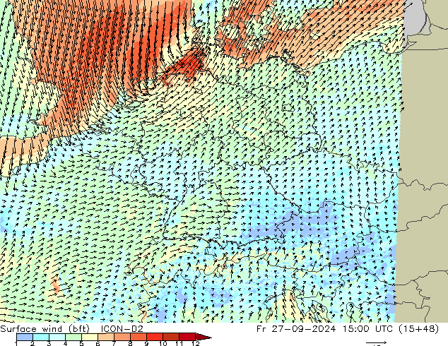 Surface wind (bft) ICON-D2 Pá 27.09.2024 15 UTC