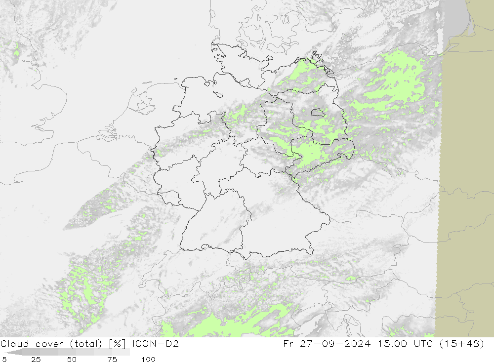 Cloud cover (total) ICON-D2 Fr 27.09.2024 15 UTC