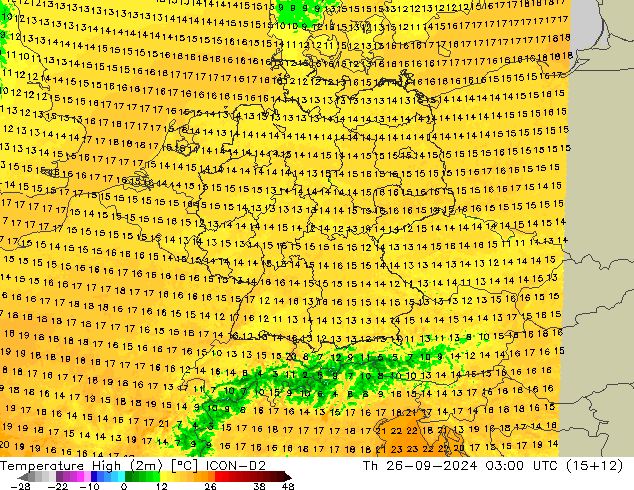 Temperature High (2m) ICON-D2 Th 26.09.2024 03 UTC