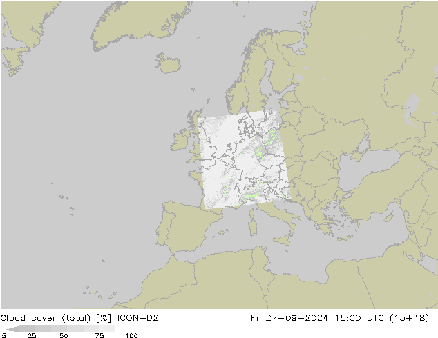 Cloud cover (total) ICON-D2 Pá 27.09.2024 15 UTC