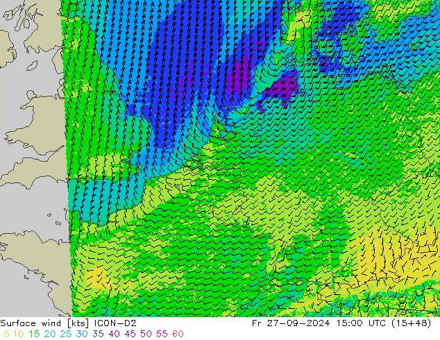 Wind 10 m ICON-D2 vr 27.09.2024 15 UTC