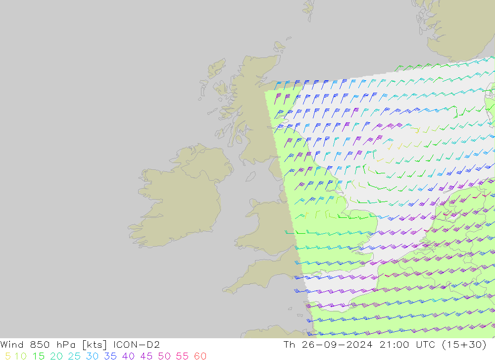 Vento 850 hPa ICON-D2 gio 26.09.2024 21 UTC