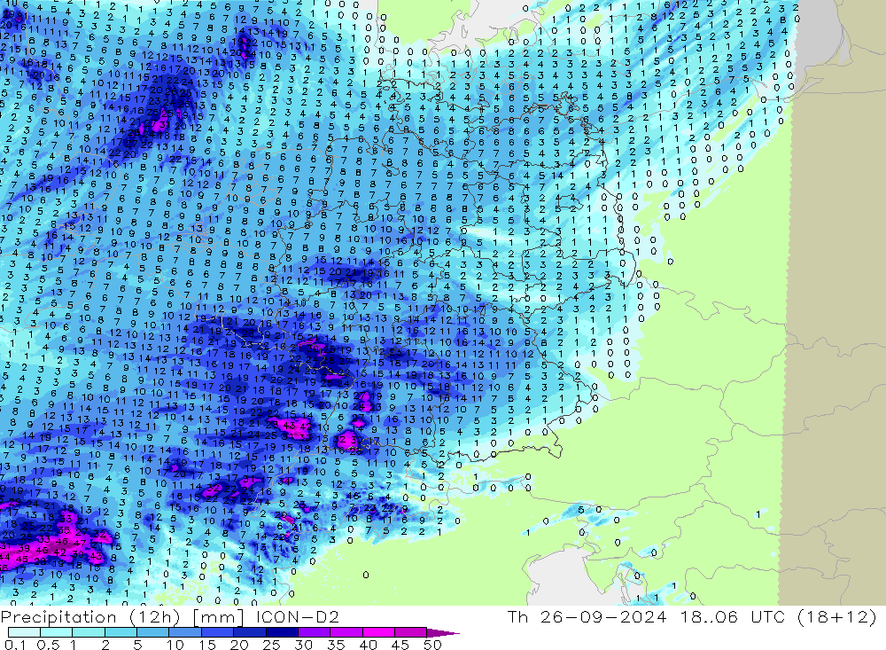 осадки (12h) ICON-D2 чт 26.09.2024 06 UTC
