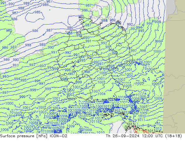 Pressione al suolo ICON-D2 gio 26.09.2024 12 UTC