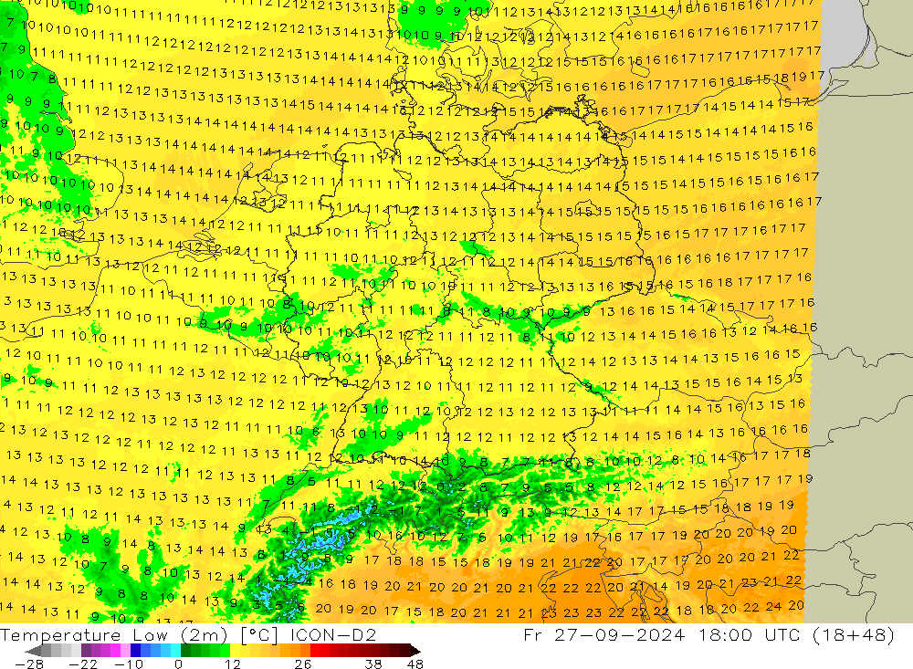 Temperature Low (2m) ICON-D2 Fr 27.09.2024 18 UTC