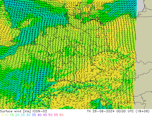 Viento 10 m ICON-D2 jue 26.09.2024 00 UTC