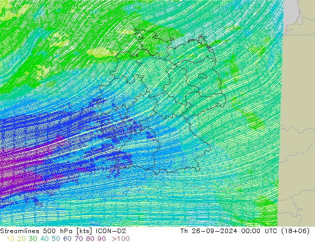 Streamlines 500 hPa ICON-D2 Čt 26.09.2024 00 UTC