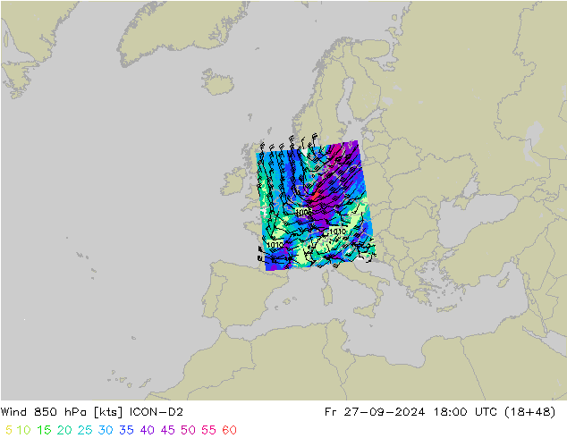 Viento 850 hPa ICON-D2 vie 27.09.2024 18 UTC