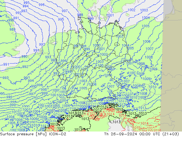 Pressione al suolo ICON-D2 gio 26.09.2024 00 UTC