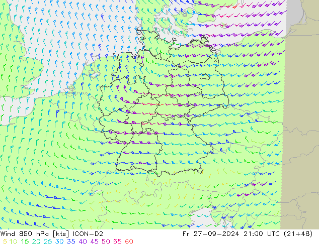 Vento 850 hPa ICON-D2 ven 27.09.2024 21 UTC