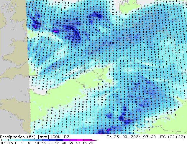 Precipitation (6h) ICON-D2 Th 26.09.2024 09 UTC