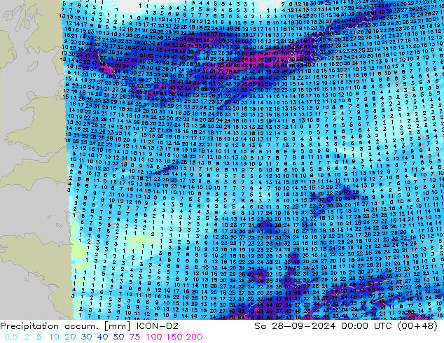 Precipitation accum. ICON-D2 Sa 28.09.2024 00 UTC