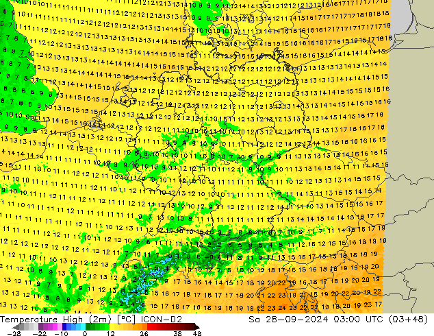 temperatura máx. (2m) ICON-D2 Sáb 28.09.2024 03 UTC