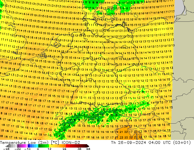 Temperature Low (2m) ICON-D2 Th 26.09.2024 04 UTC