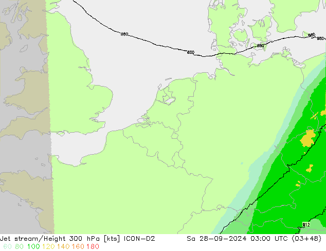 Jet stream/Height 300 hPa ICON-D2 So 28.09.2024 03 UTC