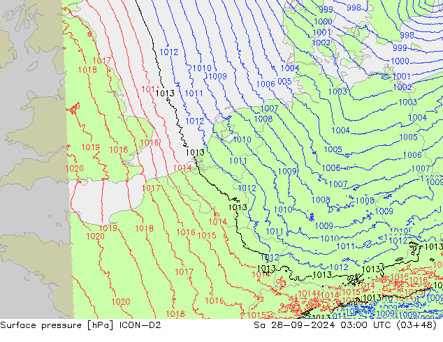 Pressione al suolo ICON-D2 sab 28.09.2024 03 UTC