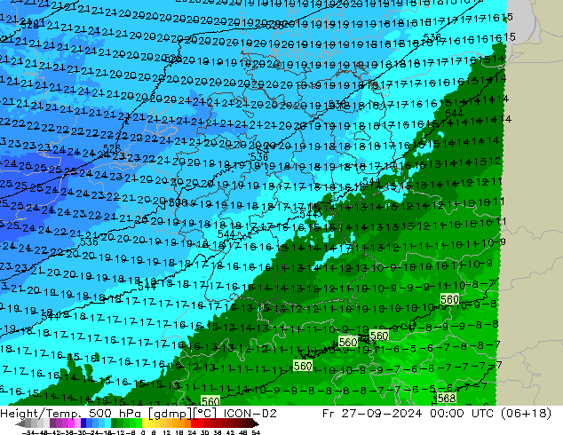 Height/Temp. 500 hPa ICON-D2 pt. 27.09.2024 00 UTC