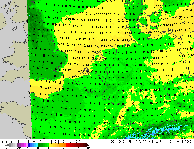 Nejnižší teplota (2m) ICON-D2 So 28.09.2024 06 UTC
