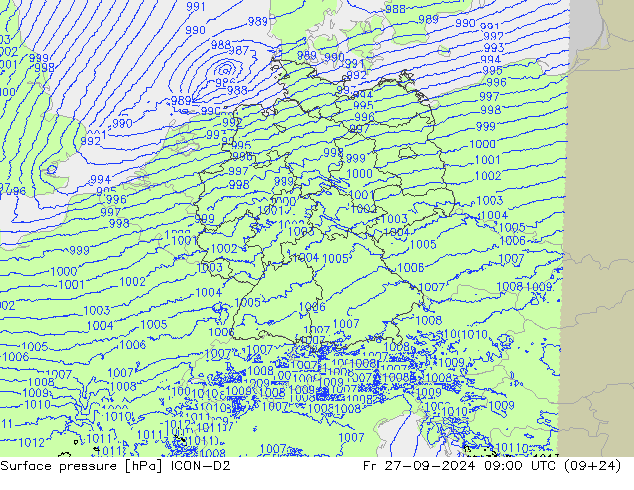 Atmosférický tlak ICON-D2 Pá 27.09.2024 09 UTC