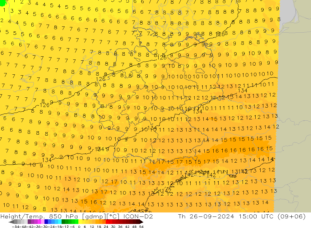 Height/Temp. 850 hPa ICON-D2  26.09.2024 15 UTC