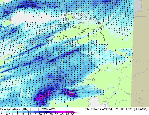 Precipitation (6h) ICON-D2 Čt 26.09.2024 18 UTC