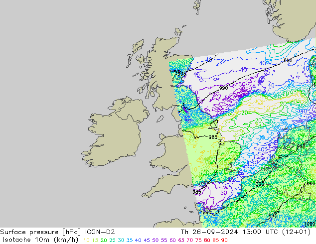 Isotaca (kph) ICON-D2 jue 26.09.2024 13 UTC