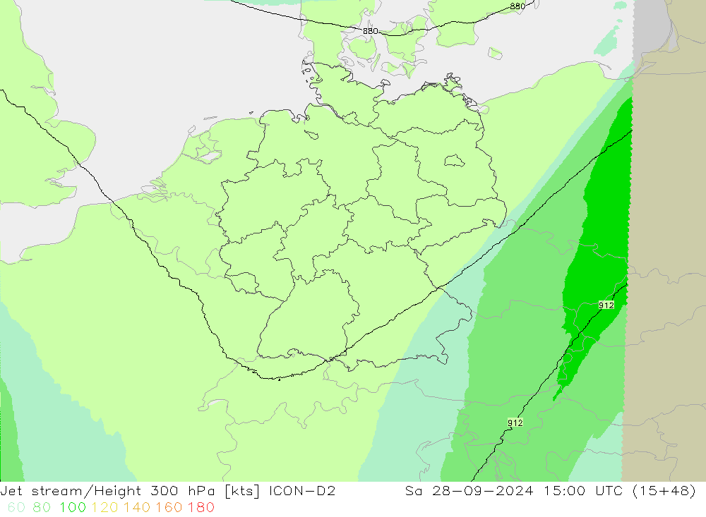 Corriente en chorro ICON-D2 sáb 28.09.2024 15 UTC