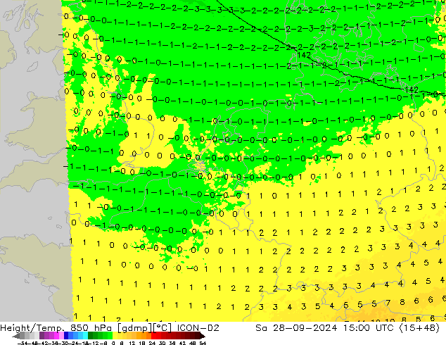 Height/Temp. 850 hPa ICON-D2 Sa 28.09.2024 15 UTC