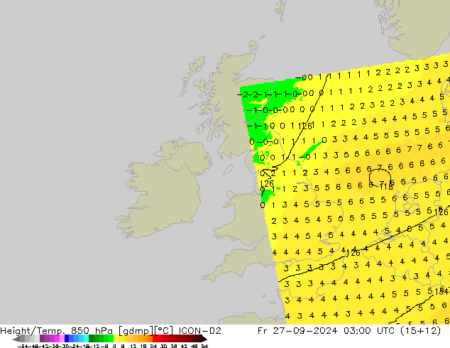 Height/Temp. 850 hPa ICON-D2 Fr 27.09.2024 03 UTC