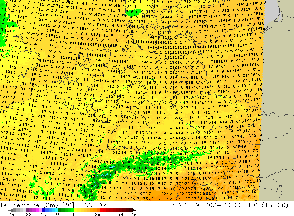 Temperature (2m) ICON-D2 Fr 27.09.2024 00 UTC