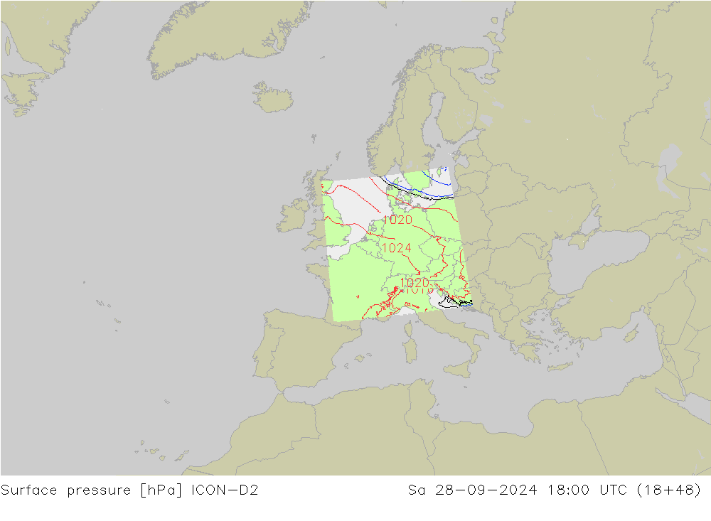 Surface pressure ICON-D2 Sa 28.09.2024 18 UTC