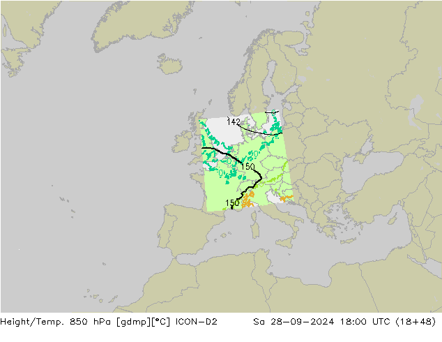 Height/Temp. 850 hPa ICON-D2 so. 28.09.2024 18 UTC