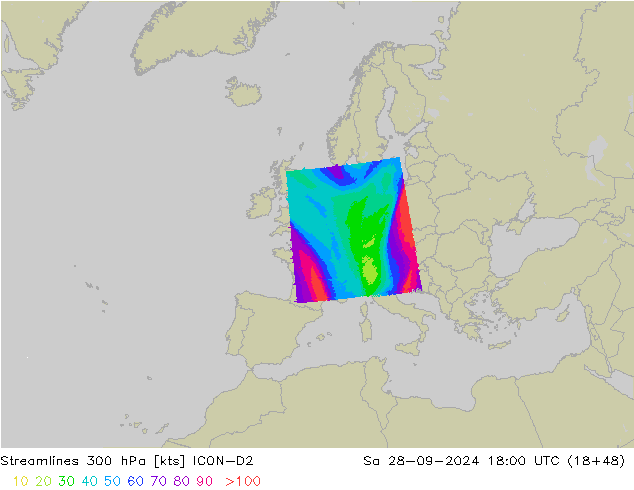 Linea di flusso 300 hPa ICON-D2 sab 28.09.2024 18 UTC