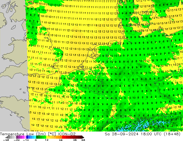 Temp. minima (2m) ICON-D2 sab 28.09.2024 18 UTC